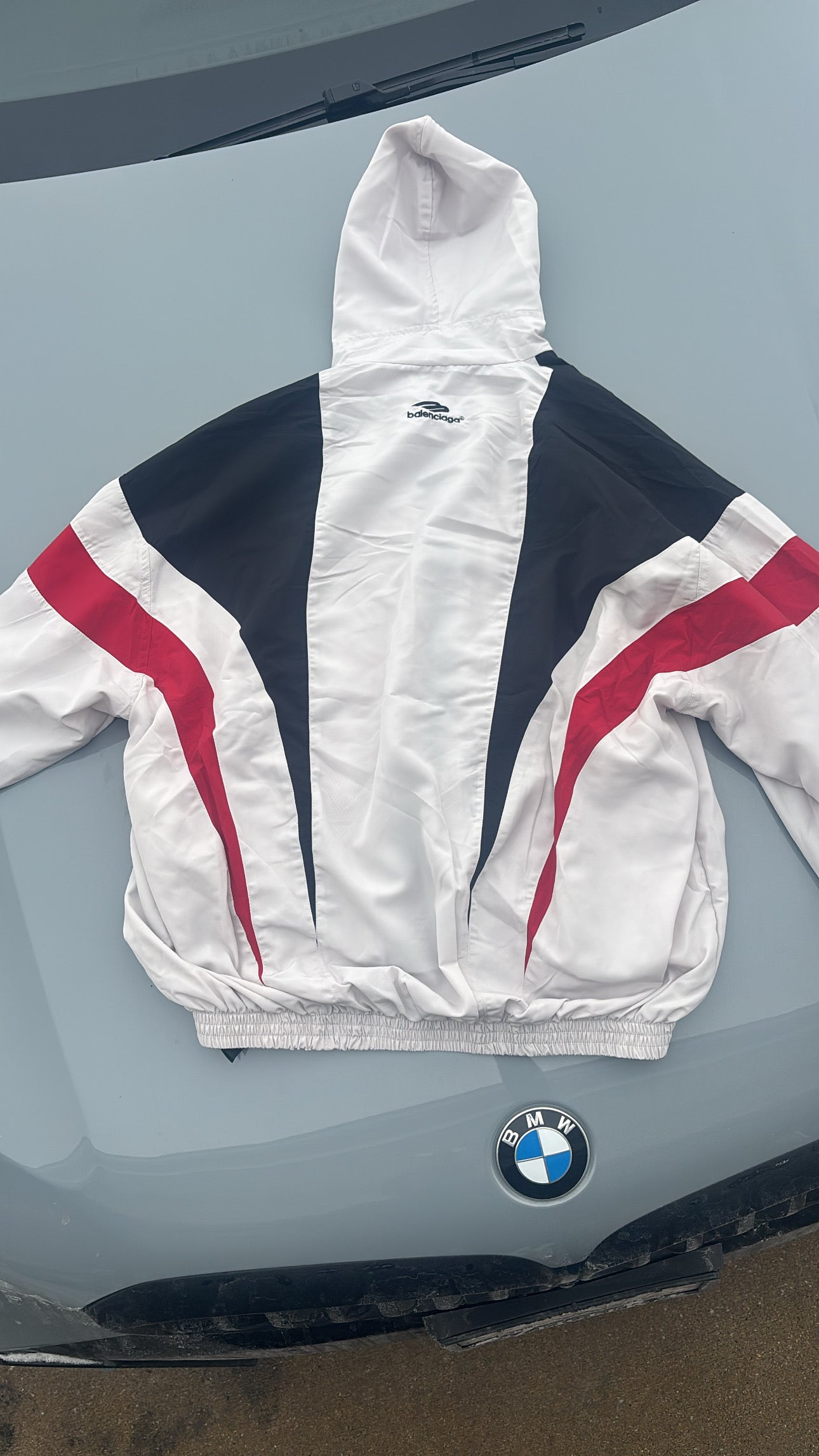 Balenciaga Black and White Red Color Blocked Hooded Jacket