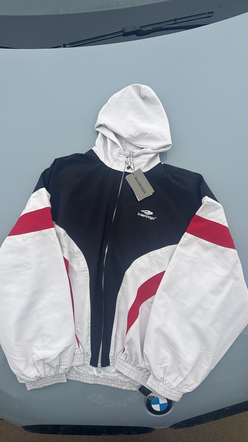 Balenciaga Black and White Red Color Blocked Hooded Jacket